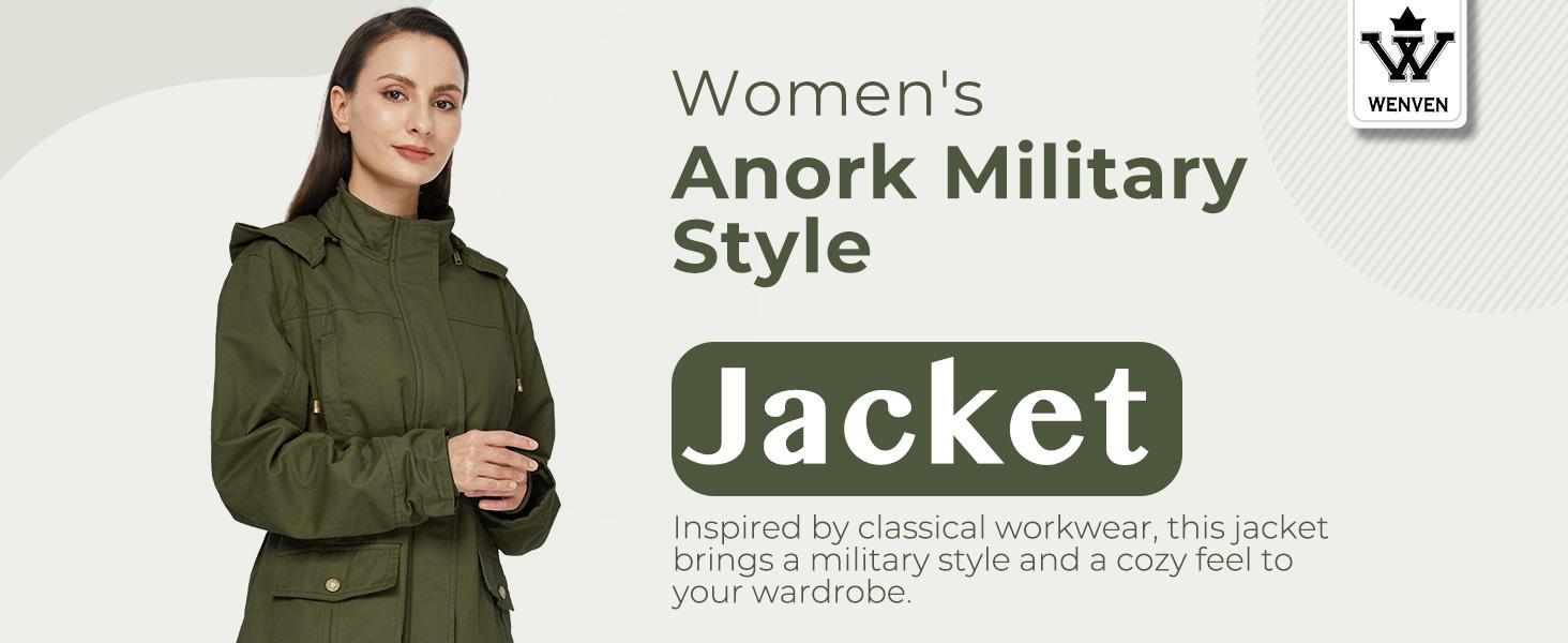 Women's Cotton Military Jacket Lightweight Casual Anorak Coat with Hood Womenswear Tops Comfort  Lady Outerwear Underwear Lady Long Sleeve Fitted