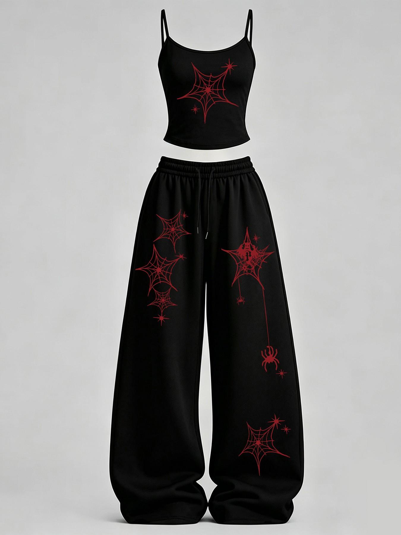 Women's Casual Spider Web Print Slim Fit Tank Top + Loose Baggy Pants Set, Y2K Street Style, Daily Wear, Home Leisure, Campus Fashion Women's Casual Spider Web Print Slim Fit Tank Top + Loose Baggy Pants Set, Y2K Street Style, Daily Wear, Home Leisure, Campus Fashion