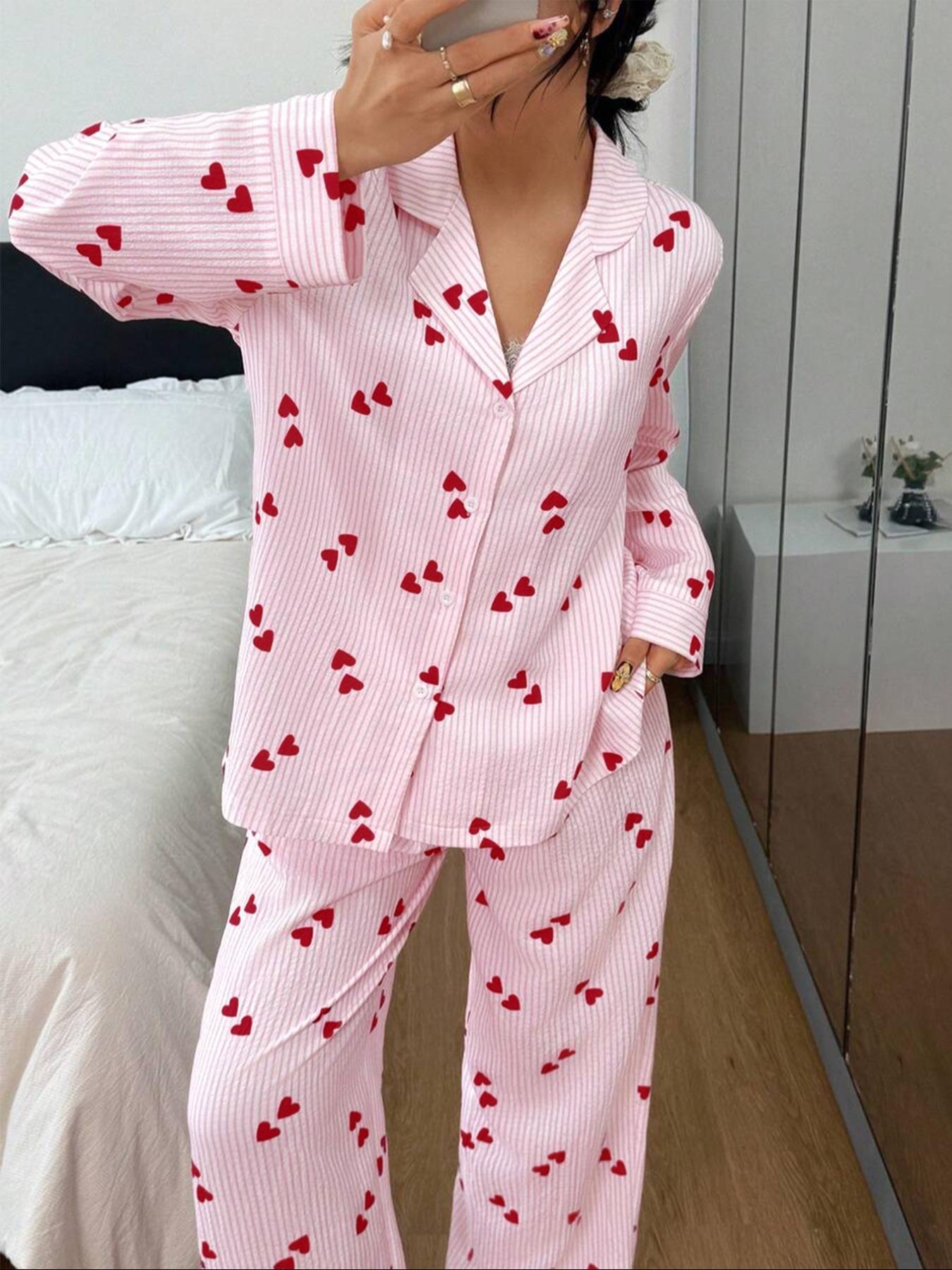 Women's Heart Stripe Print Button Front Shirt and Elastic Waist Pants Pajama Set, Cute Sleepwear for Spring & Fall, pjs