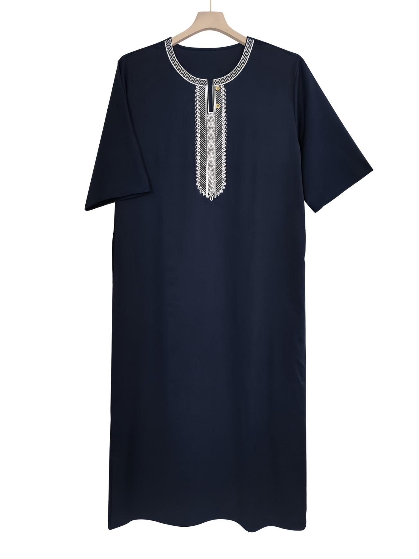 High Drape Men's Embroidered Arab Robe, Traditional Arabic Robe, Breathable Smooth Fabric, Suitable for Prayer, Ramadan, Daily Commute, Long Sleeve Clothing