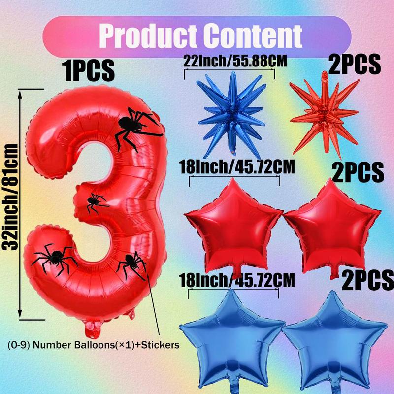 Spider Theme 32 Inch Number Aluminum Balloon with Stickers & Star Balloons, Balloon Party Supplies, Ideal for NewYear, Birthdays, Superheroes, Festivals