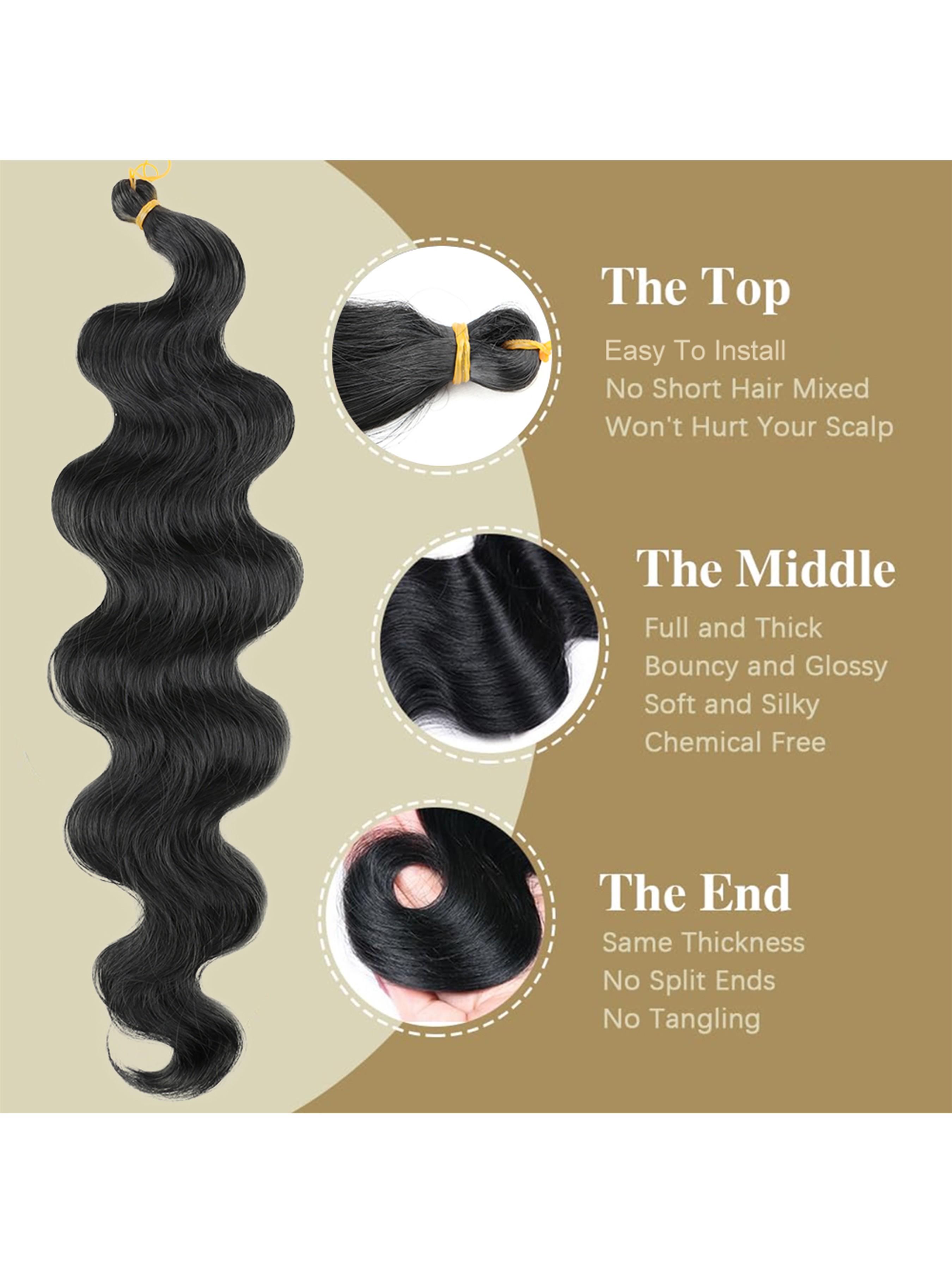 3 Packs Body Wave Braiding Hair 24 Inch Long Pre-Feathered Synthetic Hair Braids for Boho Box Braids Ocean Wave Crochet Braiding Hair Extensions for Women Wavy Hairpieces