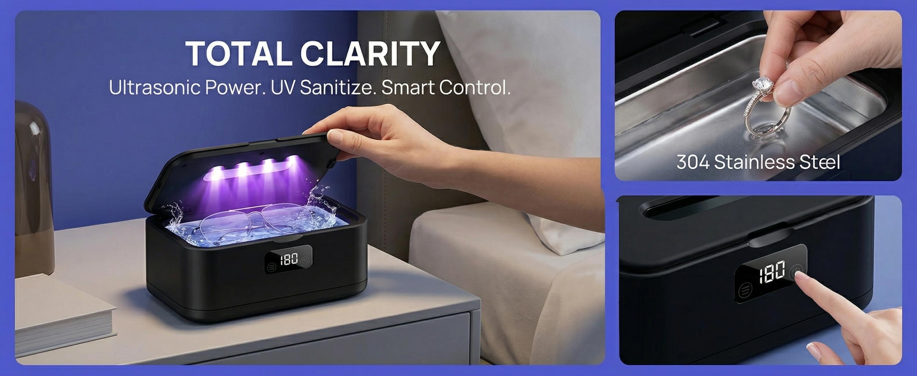 Ultrasonic Jewelry Cleaner with UV Sterilizer – 360° Deep Clean for Rings, Glasses & Watches, Portable Plug-In Washer