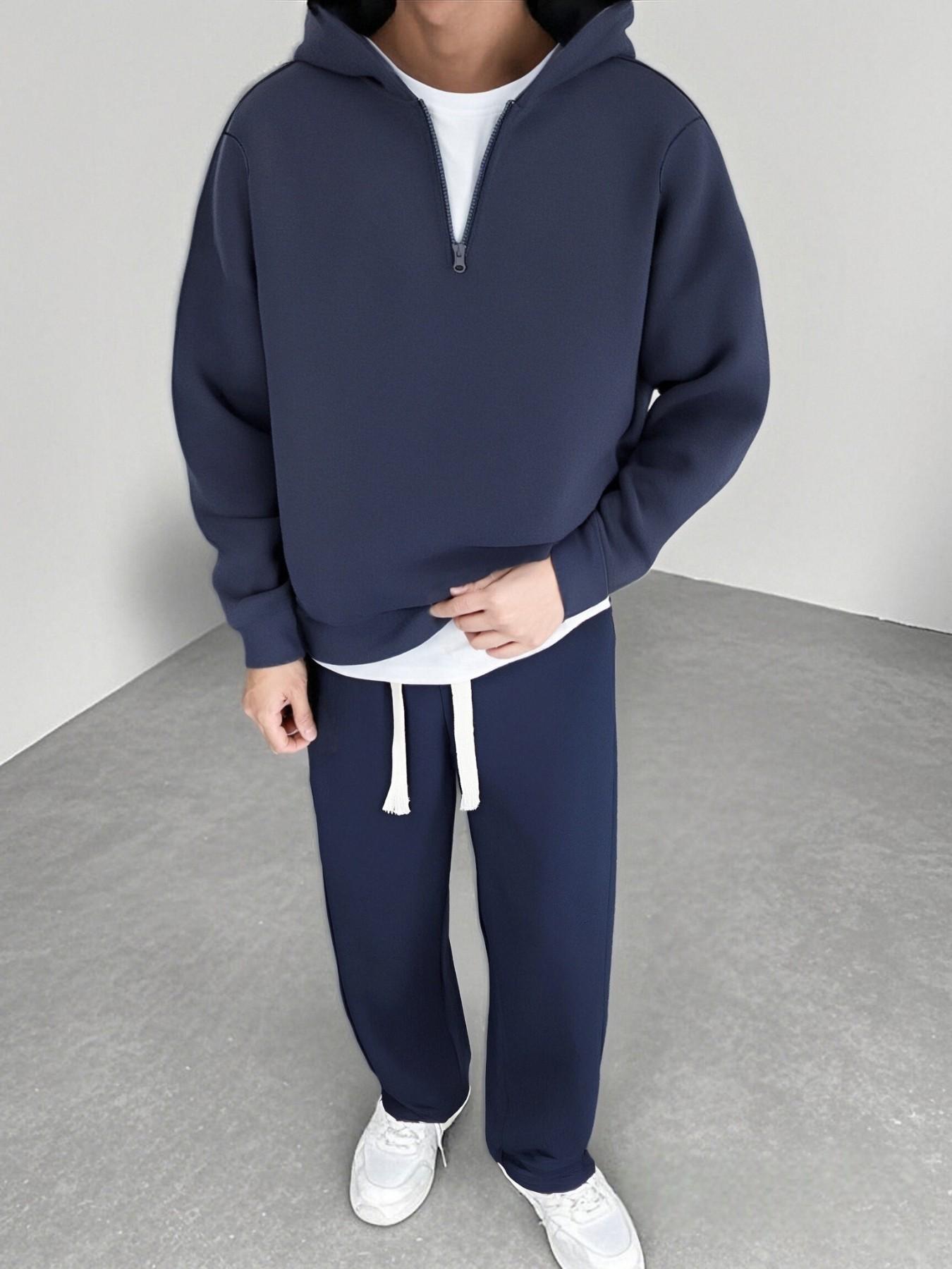 Men's Light Blue Half-Zip Hoodie & Sweatpants Set, Heavyweight Oversized Loungewear, Casual Jogger for Spring & Fall, 9 Colors