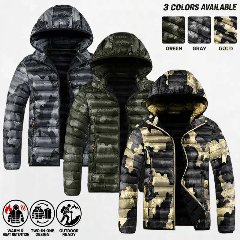 Men’s Camouflage Hooded Puffer Jacket. Full front zipper, soft heat-retaining lining. Smart 2-in-1 design with zipper side pockets. Multiple camo colors available. Suitable for hiking, camping and urban streetwear.
