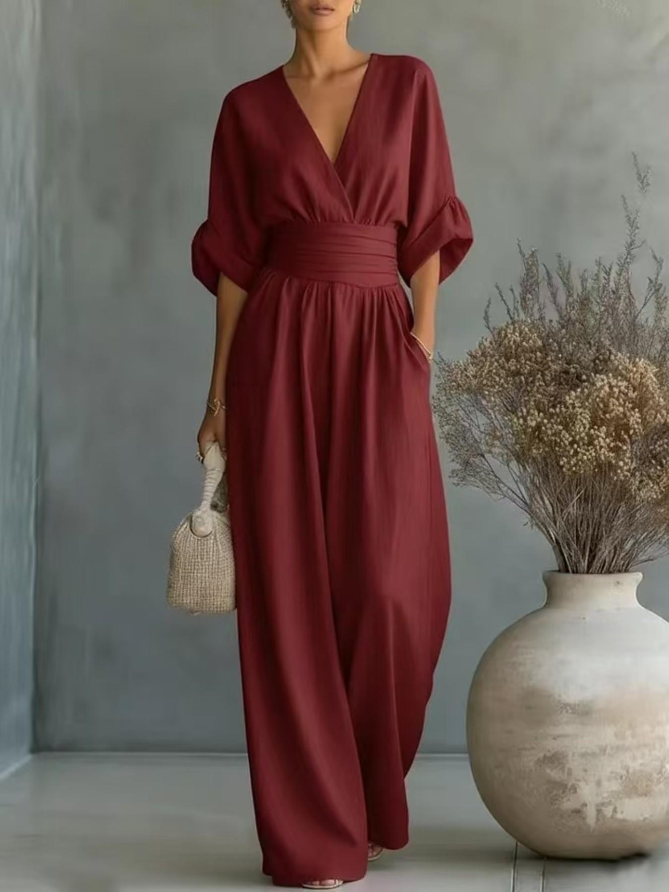 2026 Spring Summer Women's Jumpsuit, Elegant V Neck Batwing Waist Slim Fit, Minimalist Casual Breathable Lightweight Solid Color Fashion Romper, Ladies One Piece Pants