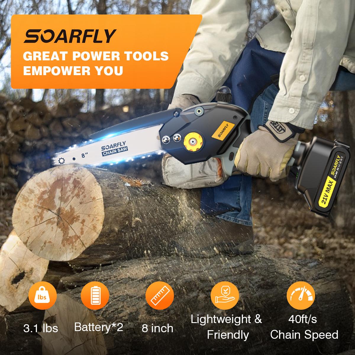 SOARFLY 8 inch Mini Chainsaw, Brushless Chainsaw With Auto Oiler, 2 × 2000mAh Batteries, For Tree, Wood, Lightweight Suitable For Men And Women