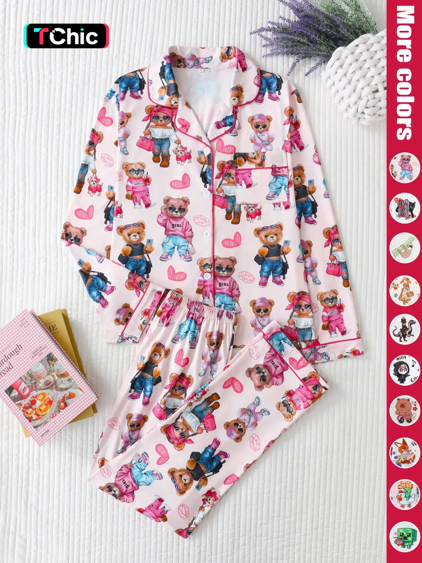Two-Piece Cartoon Pajama Set, Cute Long Sleeve Top with Button and Loose Pants, Comfortable Home Wear for Women, All Seasons