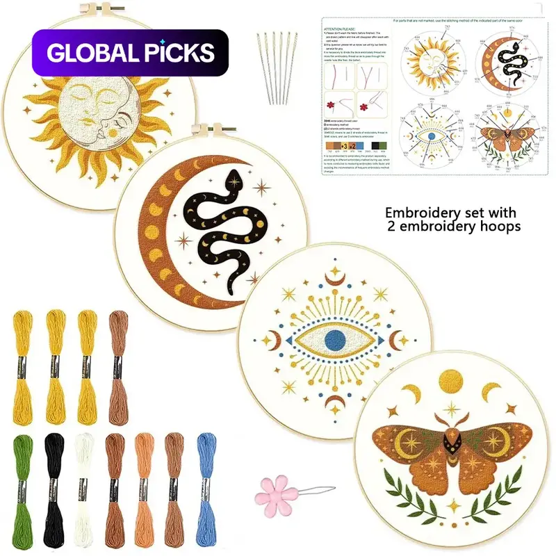 4-Piece Tarot Astrology Embroidery Craft Starter Kit, Beginner-Friendly Sewing Practice Set with Patterns and Instructions, Diy Handmade Crafts, Diy Craft Supplies, DIY Handmade Embroidery Design Kit #GLOBAL PICKS
