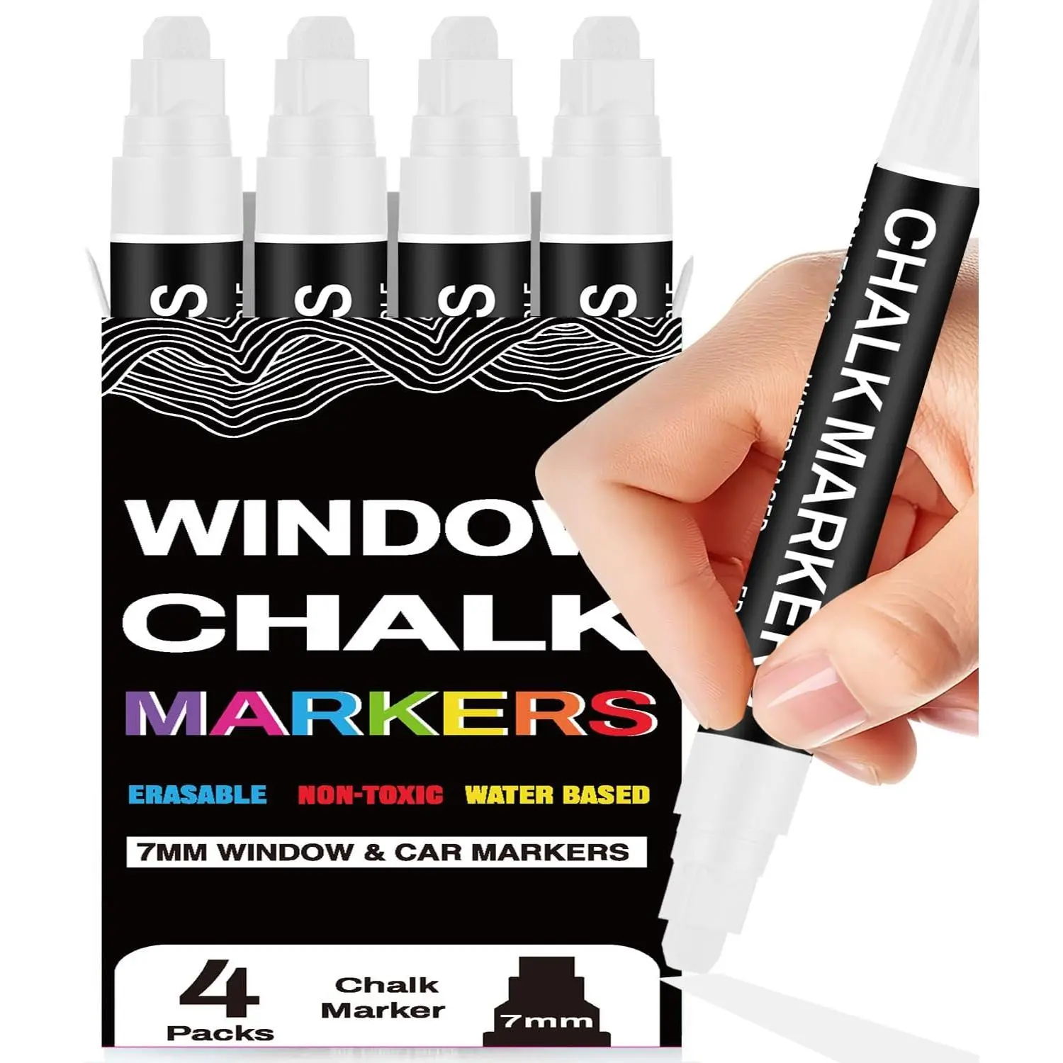 White Chalk Markers for Blackboard, Window Markers Thick, Liquid Chalk Pen with 7mm Wide Thick Tip & Erasable ,  Marker for Chalkboard Blackboard Sign Glass Menu Board Mirror Poster - 4 Pack