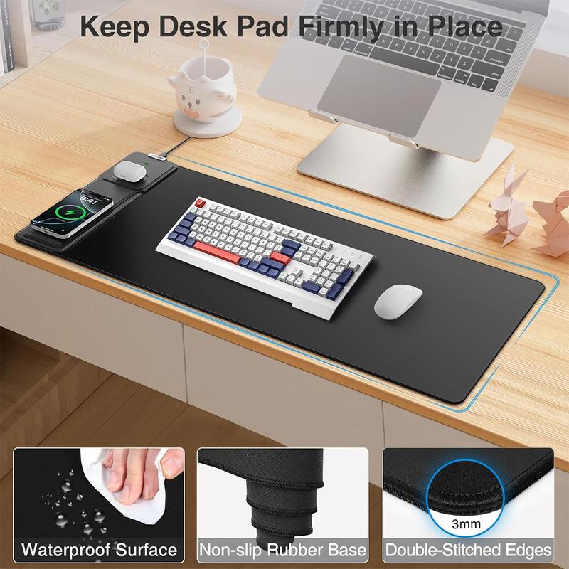 15W Wireless Charging Mouse Pad with Foldable Phone Holder, 31.5"x15.8" Extended Desk Mat for Laptop/Keyboard, Waterproof Ultra-Smooth Surface, Non-Slip Base