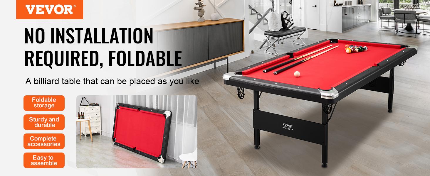 VEVOR Billiards Table, 7 ft Pool Table, Portable Foldable Space-Saving Table, Billiard Table Set Includes Balls, Cues, Chalks and Brush, Black with Red Cloth, Perfect for Family Game Room Kids Adults