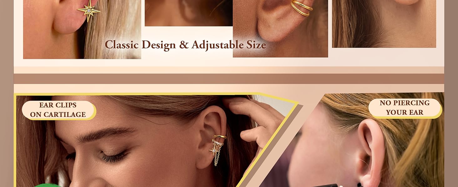 3Pcs Ear Cuff No Piercing for Women Gold Ear Cuff Earrings Silver Clip on Hoop Earring Adjustable Cartilage Helix Earring Hypoallergenic Fake Piercings Earrings Stack for Sensitive Ear