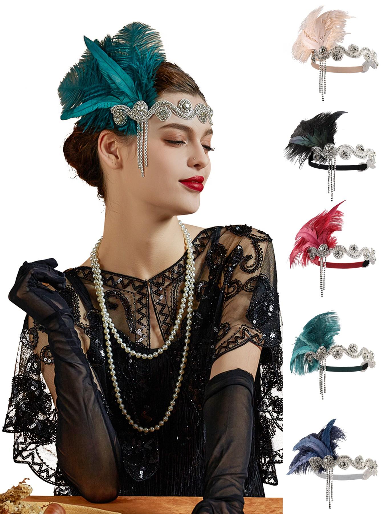 1920s Headpiece Flapper Headband, Rhinestone Pearl Feather Hair Band Great Gatsby Headpiece Accessoreis for Women,Champagne