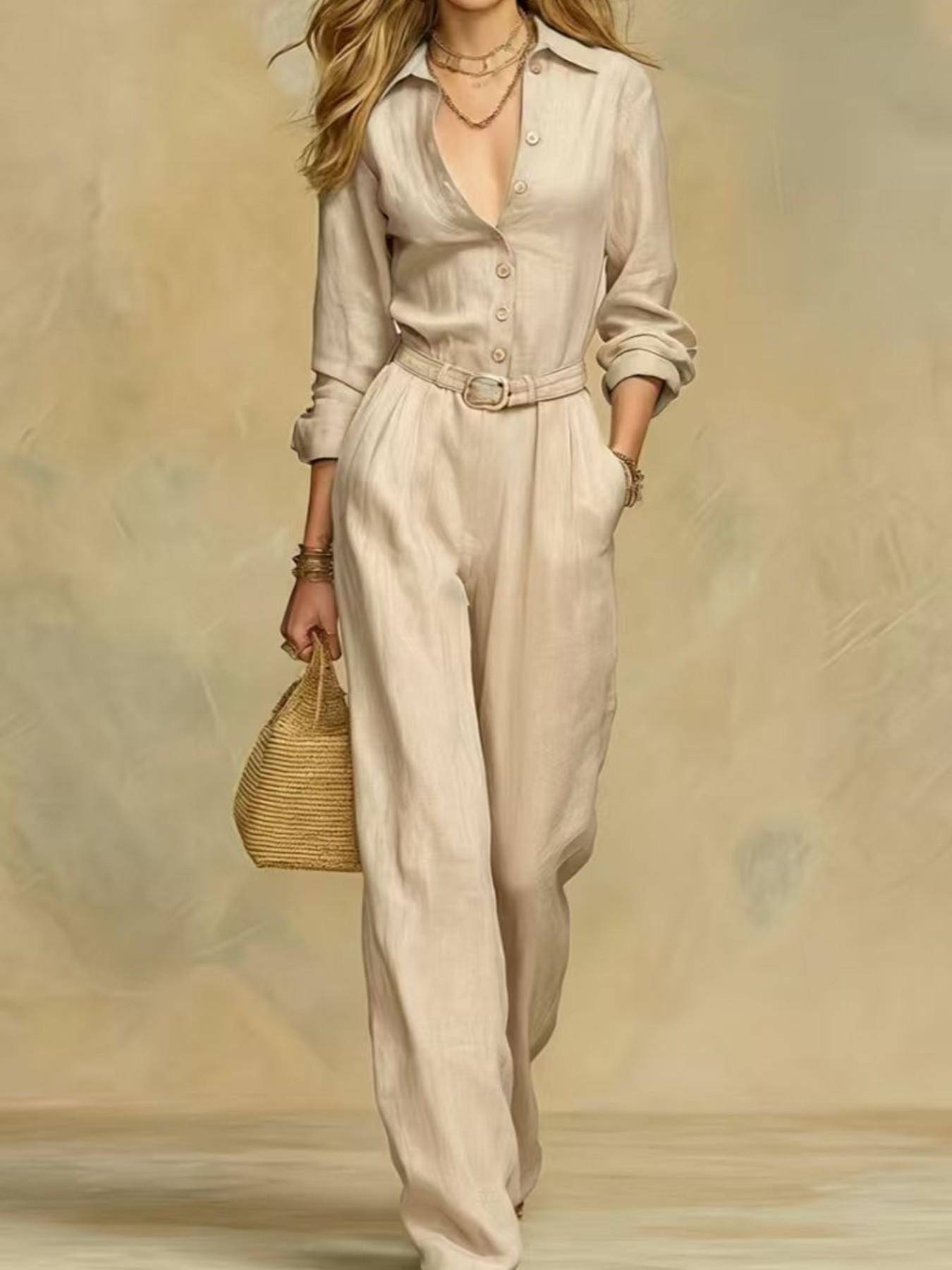 2026 European and American Style Elegant New Solid Color Women's Fashion Casual Long Sleeves Button High Waist Romper, Trendy and Comfortable One-Piece