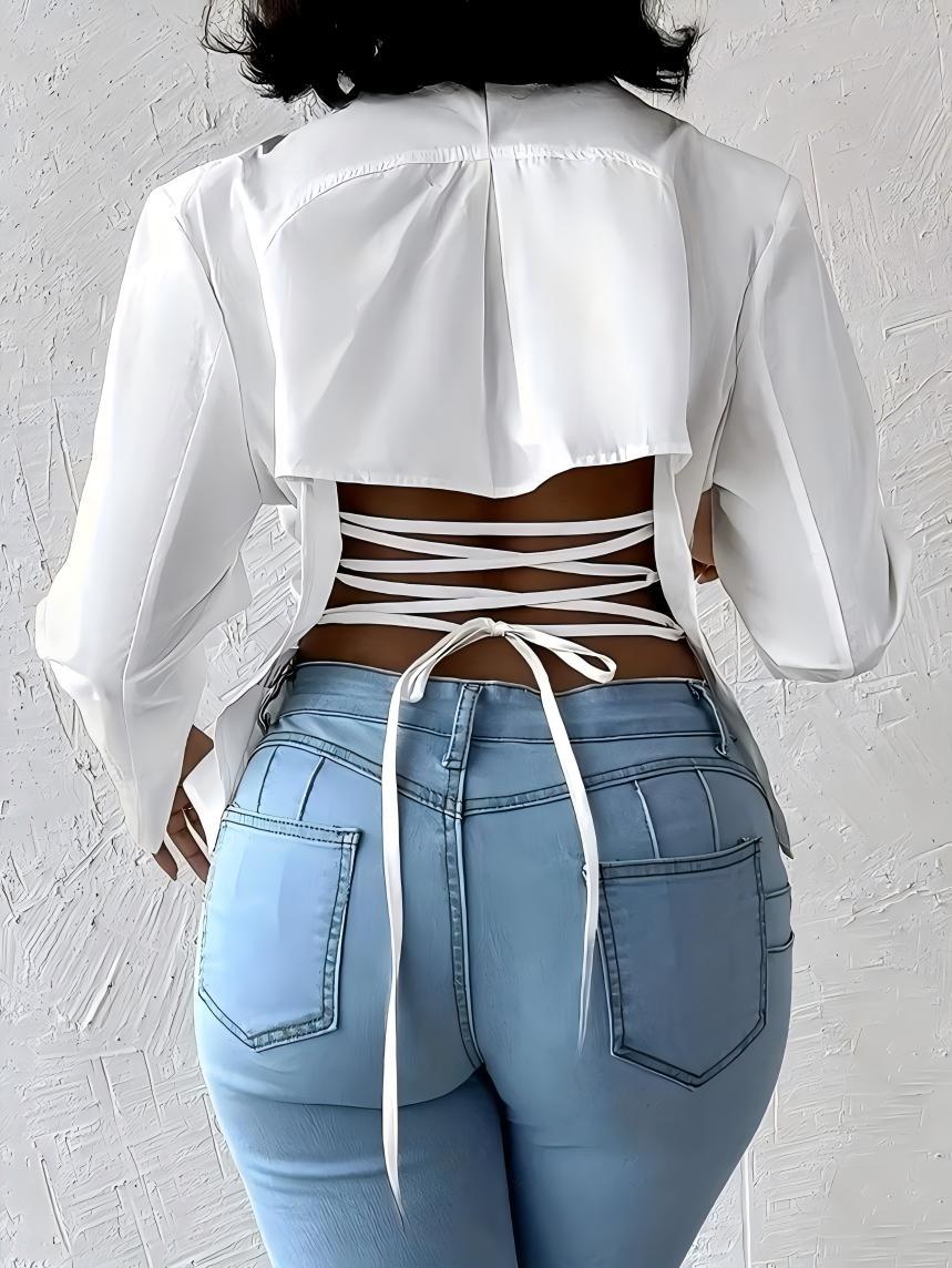 A ladies' pure white satin waist-cinched blazer, Chic, Elegant, with back lacing design, featuring a slim-fitting silhouette, open-back crossover tie detail, smooth lightweight breathability, suitable for daily wear, outings, and indoor or outdoor styling