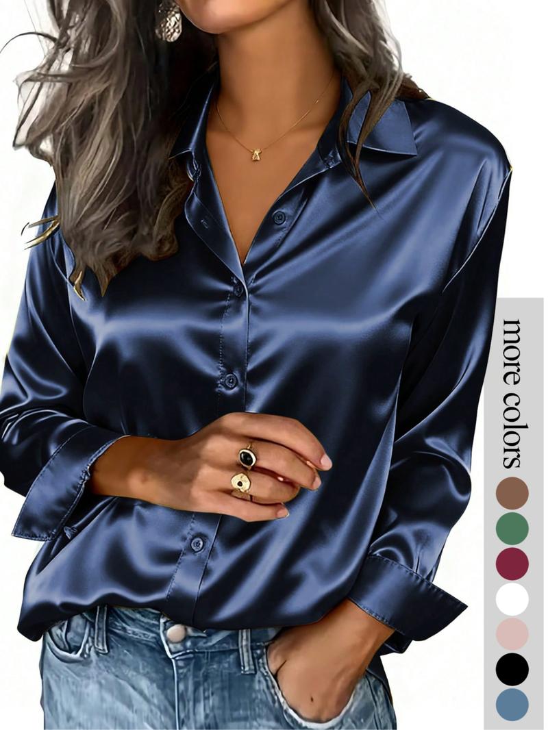 Women's solid color satin button-down long-sleeved casual shirt, made of fashionable silk fabric, suitable for casual office wear and commuting, and appropriate for both spring and autumn.