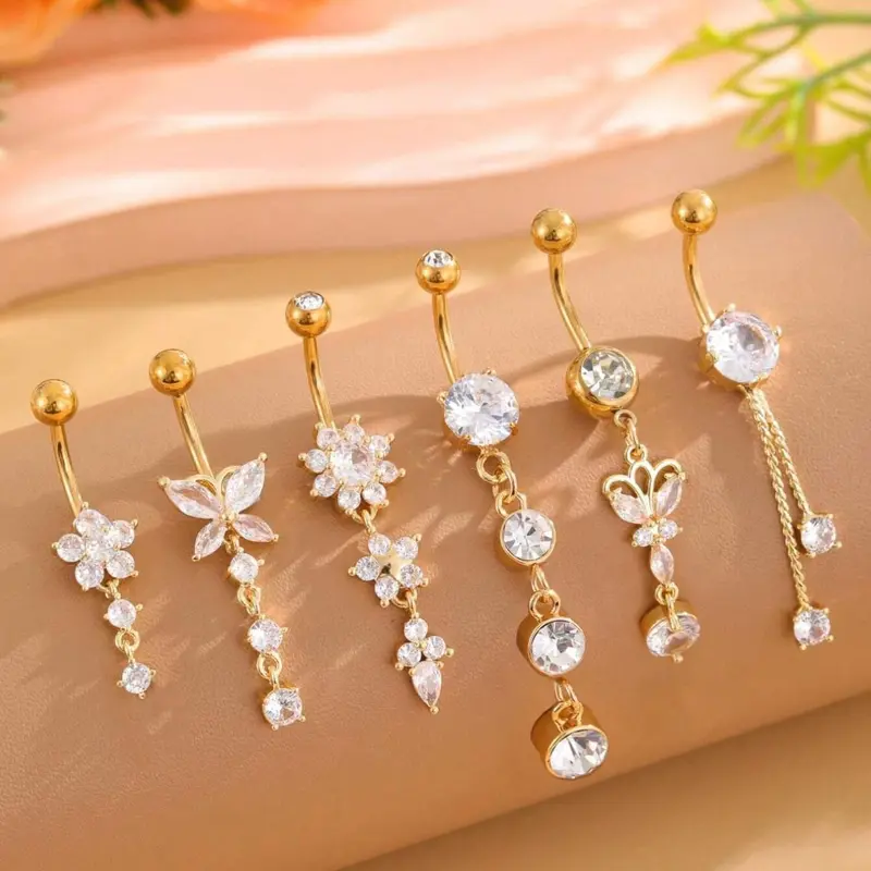 Women's Elegant Butterfly & Flower Design Belly Rings, Stainless Steel Sparkling Zircon Inlay Belly Button Rings, Cute Trendy Belly Piercing Jewelry, Fashion Artificial Zircon Body Jewelry for Party & Daily Wear, Navel Piercings
