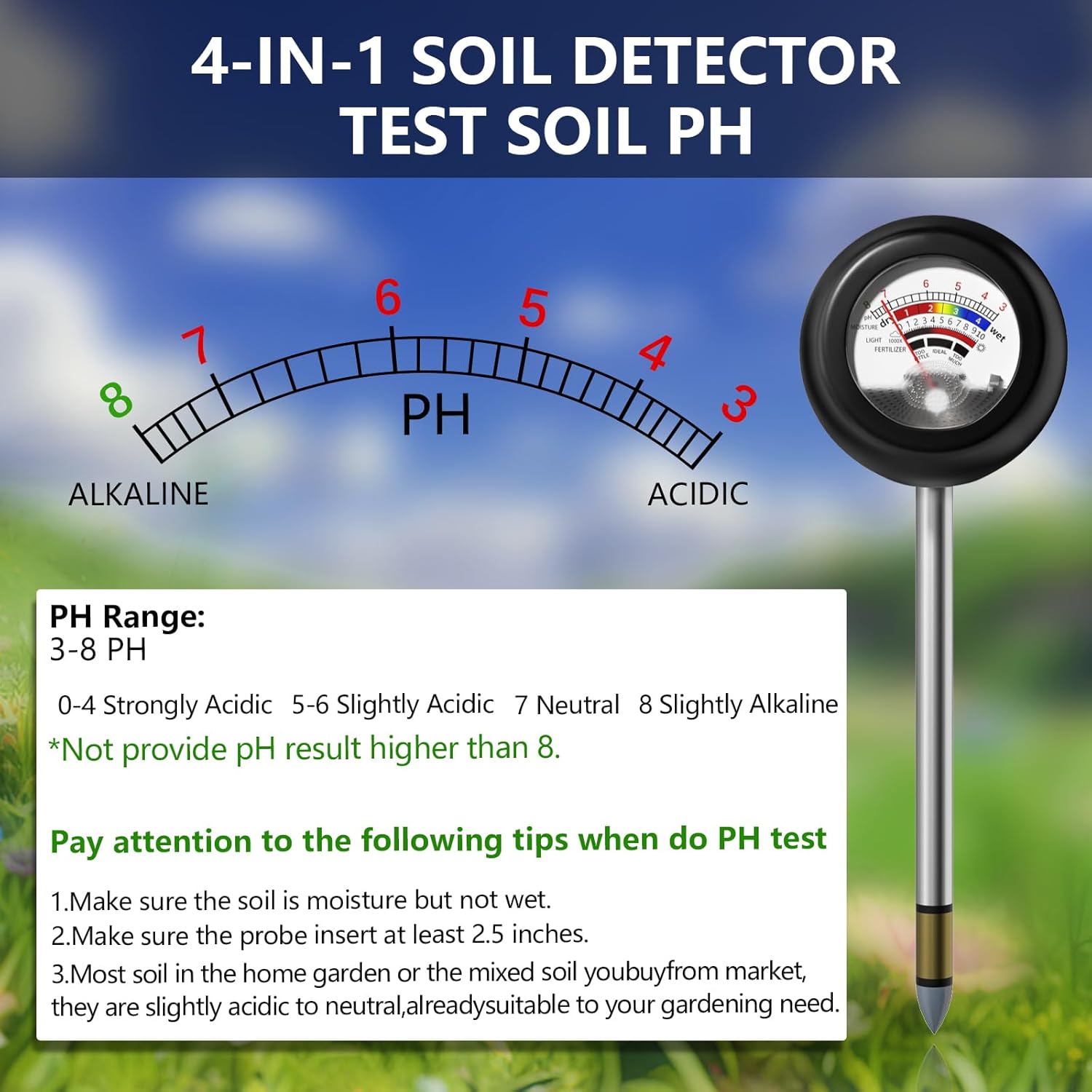 4-in-1 Soil Tester,  Free   Meter with PH//Light Test/Fertilizer, Soil PH Meter for Garden, Lawn, Potted , Farm (90? Rotation)