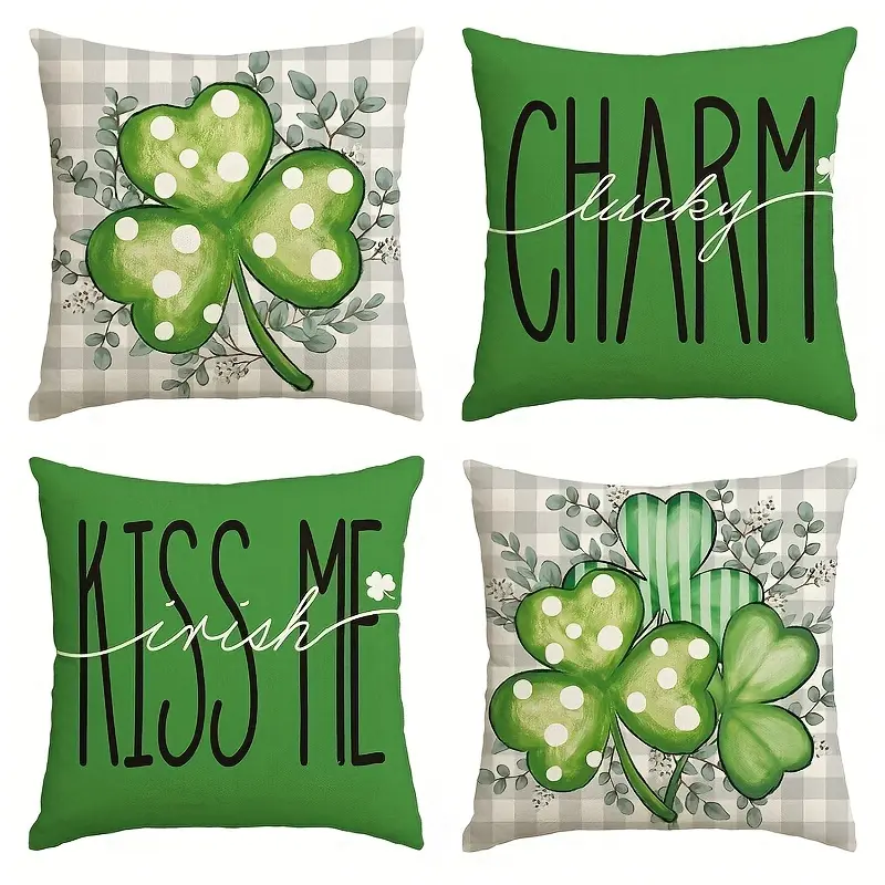 Barbie Collection Letter Linen Pillowcases (4-Pack) - Clover & Buffalo Check Patterns, Zipper Closure, Machine Washable, Breathable Heat-Dissipating, Matte Premium Texture, All-Season, Home & Car Use