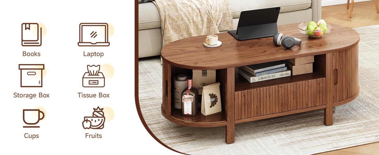 【SPOTLIGHT DAY】ONBRILL 47.2 Inch Oval Coffee Table with Storage, Mid Century Modern Coffee Table with Drawer, Center Table with Sliding Door and Wood Fluted Handle for Living Room