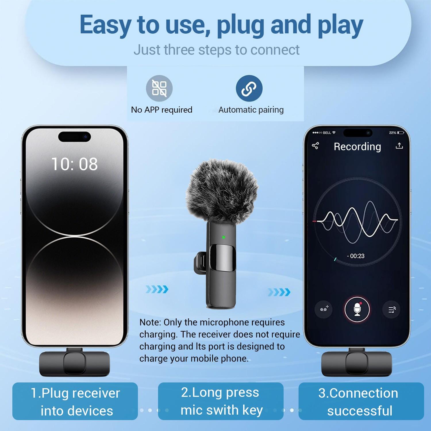 Wireless Lapel Microphone with Noise Reduction, Plug-and-Play Phone Mic for iPhone and Android, Professional Recording Mic for Live Streaming, Shorts Videos, Vlog, Interview, Online Classes, Lavalier Mic, Clip on Mic Wireless Lapel Microphone with Noise Reduction, Plug-and-Play Phone Mic for iPhone and Android, Professional Recording Mic for Live Streaming, Shorts Videos, Vlog, Interview, Online Classes, Lavalier Mic, Clip on Mic