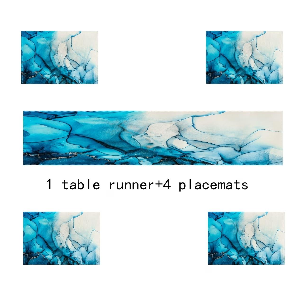 2D flat printing, 5-piece set/7-piece set table flag, dining mat, blue turquoise marble tablecloth, modern marble texture tablecloth, suitable for restaurant kitchen, wedding, holiday, party table decoration