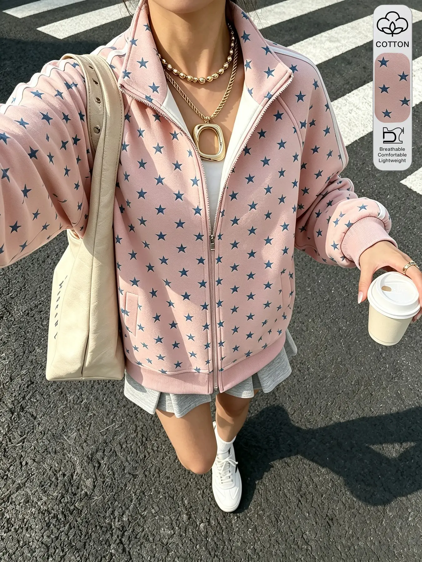 Luxerose Women's Casual Star Print Stand Collar Zipper Jacket, Loose-Fit Long Sleeve Outerwear, Plain Surface, Unlined Clothing