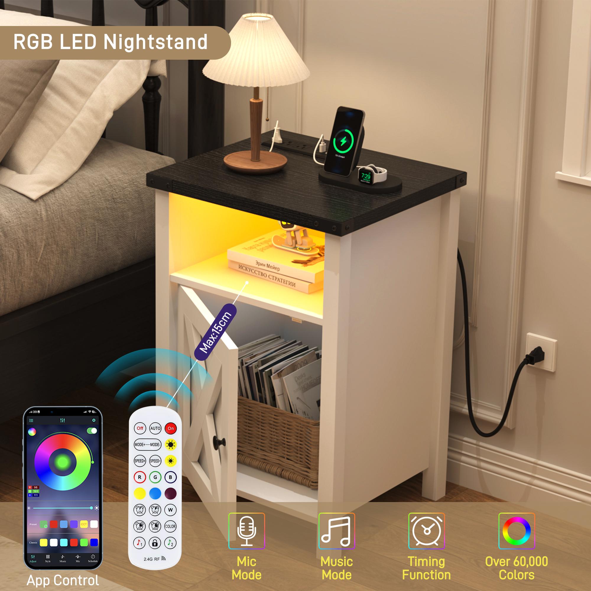 Farmhouse LED Nightstand Set of 2 with Charging Station, Rustic End Table with Barn Door & Storage Shelf, Bedside Table for Bedroom, Living Room, Grey/White/ Farmhouse LED Nightstand Set of 2 with Charging Station, Rustic End Table with Barn Door & Storage Shelf, Bedside Table for Bedroom, Living Room, Grey/White/