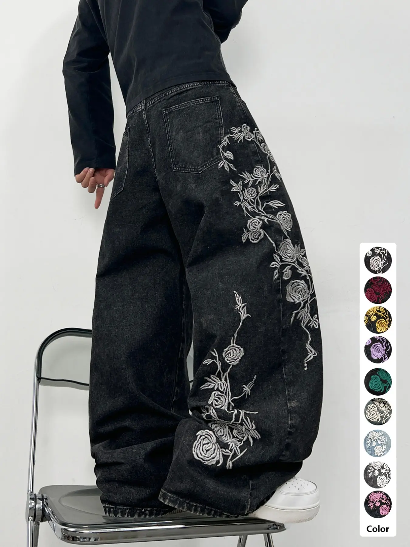 New Embroidered Men's Jeans, Street Style Rose Flower Washed Loose Wide Leg Pants, Y2K Fashion Skateboard Daily Wear, Multiple Sizes Available
