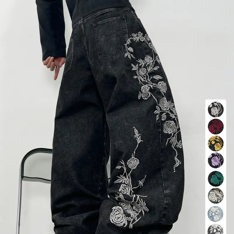 【Black Friday】New Embroidered Men's Jeans, Street Style Rose Washed Loose Wide Leg Pants, Y2K Fashion Skateboarding & Daily Wear, Baggy Jeans Streetwear, Multiple Sizes Available