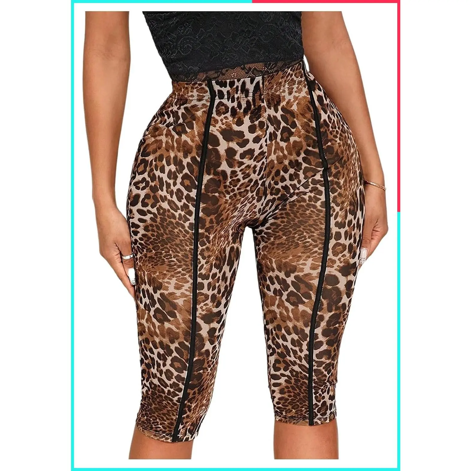 Women's Y2K Leopard Mesh 3/4 Length Club Capri Leggings - Sheer Mesh High Waisted Cropped Pants, Skinny Cheetah Capris