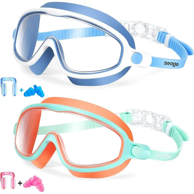 Kids Swimming Goggles 2 Pack, Anti Fog Anti UV Swim Goggles with Wide View Lens, Adjustable Swimming Glasses for Pool Beach Ages 3-14