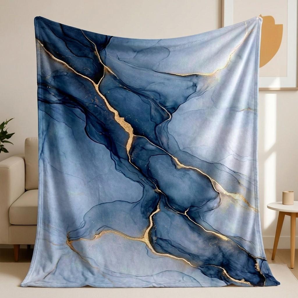 1 piece Blue-gray marble texture with golden crack design themed flannel blanket - All-season flannel blanket, suitable for sofas and beds, super soft and comfortable, modern design, digitally printed pattern, 100% polyester material, machine