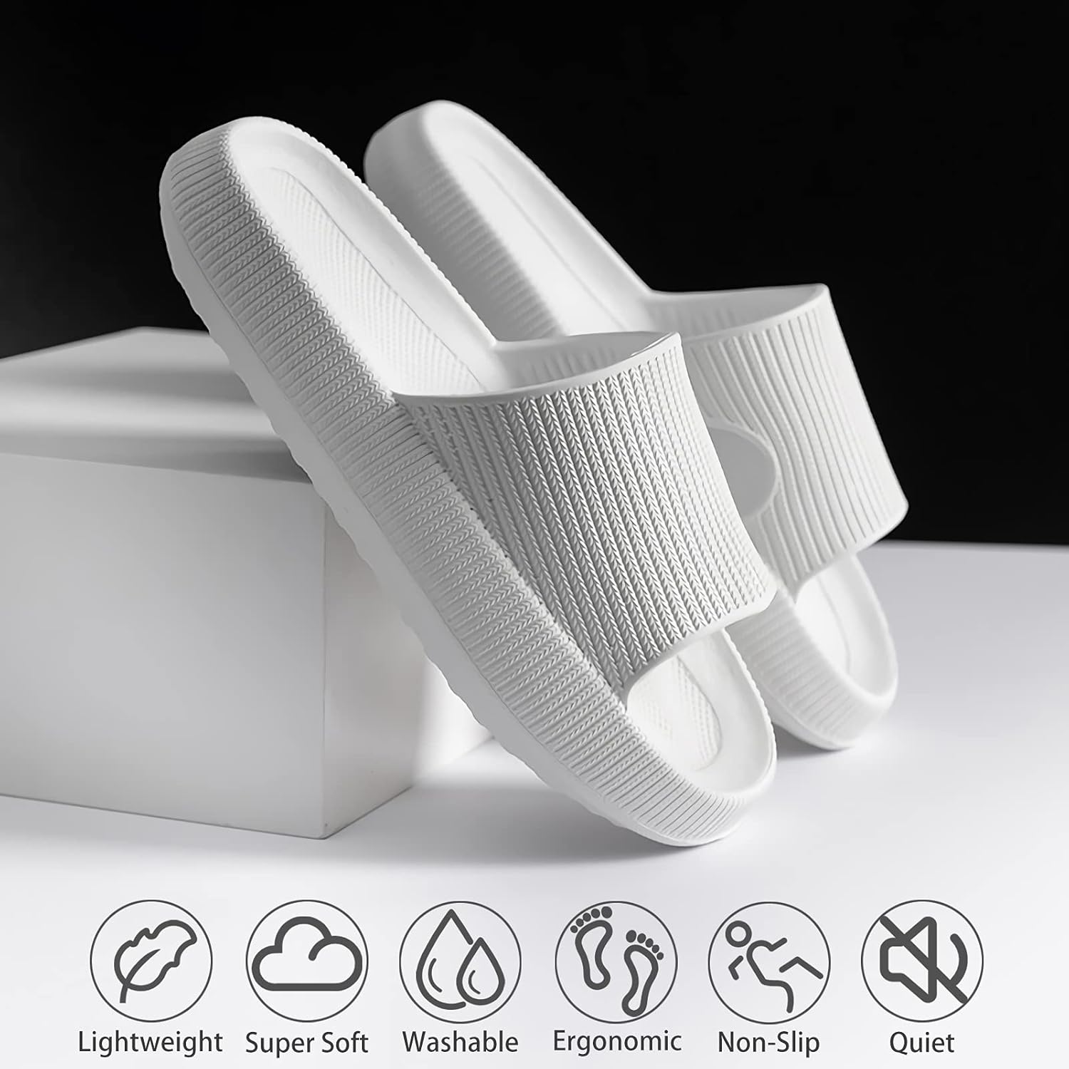 Women and Men, Pillow House Slippers Shower Shoes Indoor Slides Bathroom Sandals, Ultimate Comfort, Lightweight, Thick Sole, Non-Slip, Easy to Clean