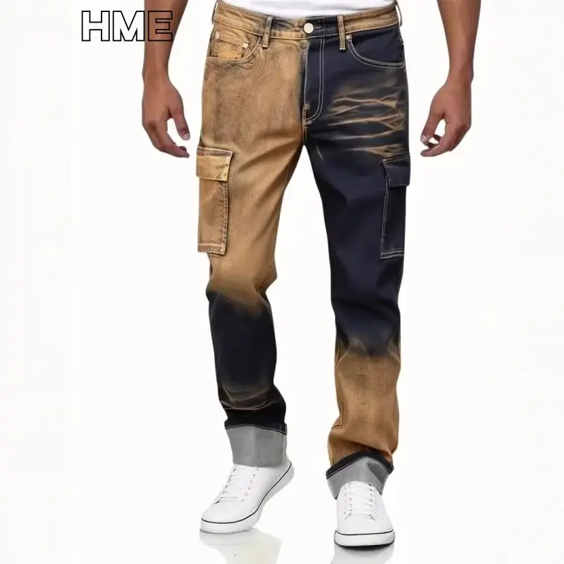 H026 Men's jeans with contrasting pocket colors, trendy loose wide-leg straight pants