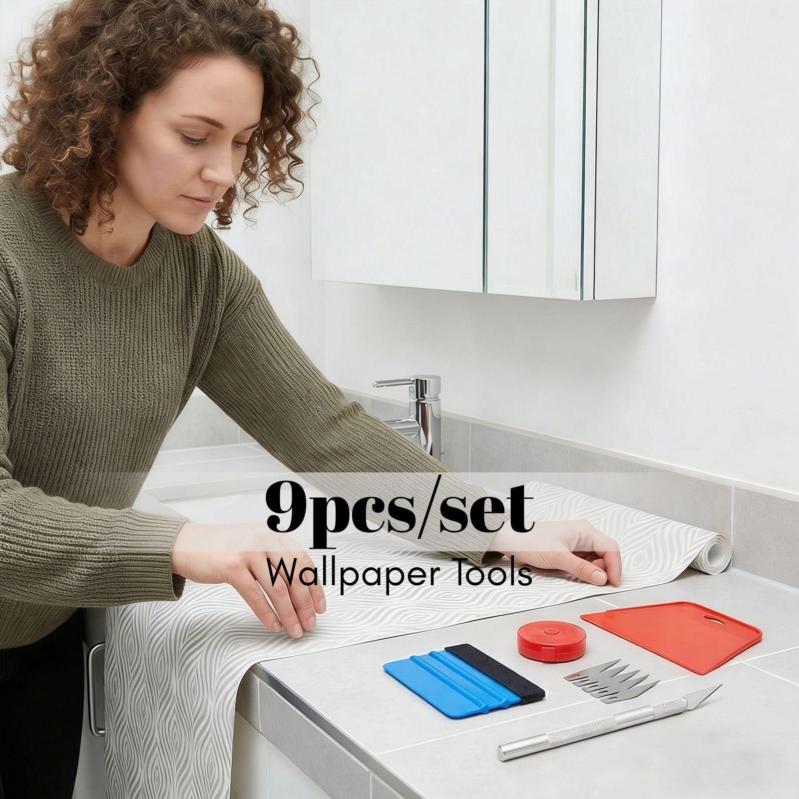 9pcs Peel and Stick Wallpaper Tools Set, Wallpaper Application Spatula, Felt Squeegee, Mini Tape Measure, 1 Craft Knife + 5 Metal Blades, Complete Window Tinting Kit, Car Film Application Tool,  for wallpaper, peel and stick wall tiles, Tinted Film