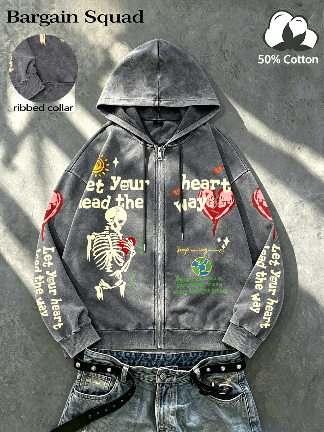 Unisex Vintage Letter Heart Print Hoodie, Loose Fit Cotton Blend, Long Sleeve Zipper Outerwear, Casual Street Style for Fall & Winter