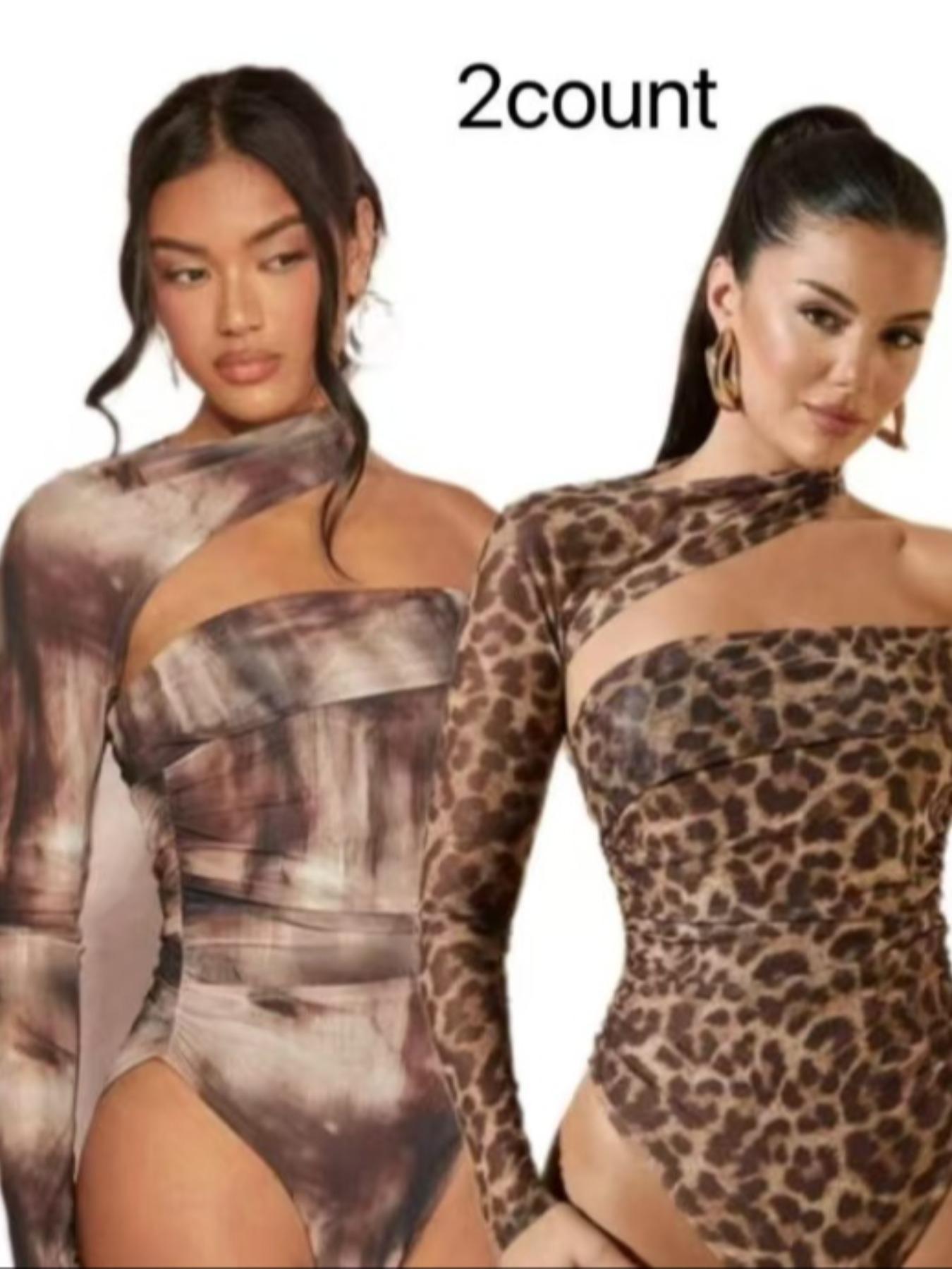 Women's All Over Print Bodysuit, Elegant Fashion Long Sleeve Bodysuit for Club Party, Women's Clothing for Spring & Fall