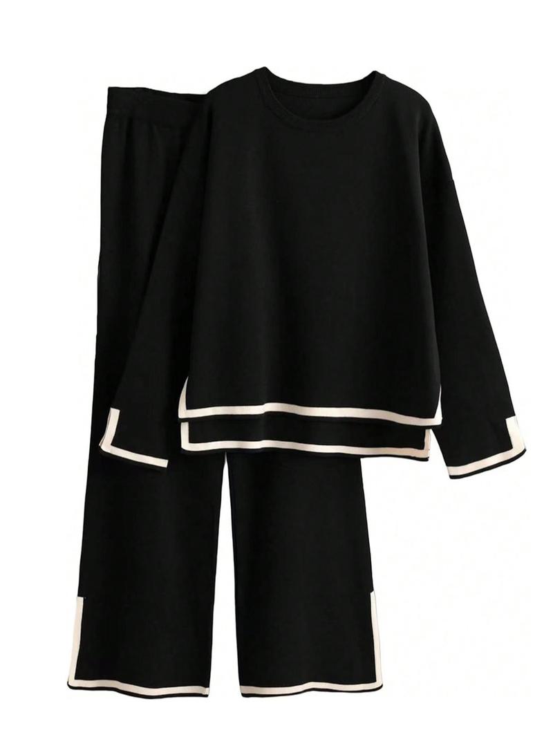 Fashion Casual Colorblock Knit Top and Pants Set, Round Neck Long Sleeve Sweater, Fall & Winter Fitted, Women's Clothing