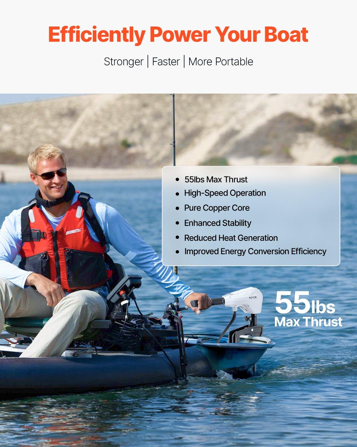 VEVOR Electric Trolling Motor, Transom Mounted Outboard Boat Motors 12V 55lbs Thrust, 8-Speed Electric Boat Engine w/ Battery Indicator, for Kayaks, Fishing Boats on Freshwater/Saltwater, 30-In Shaft