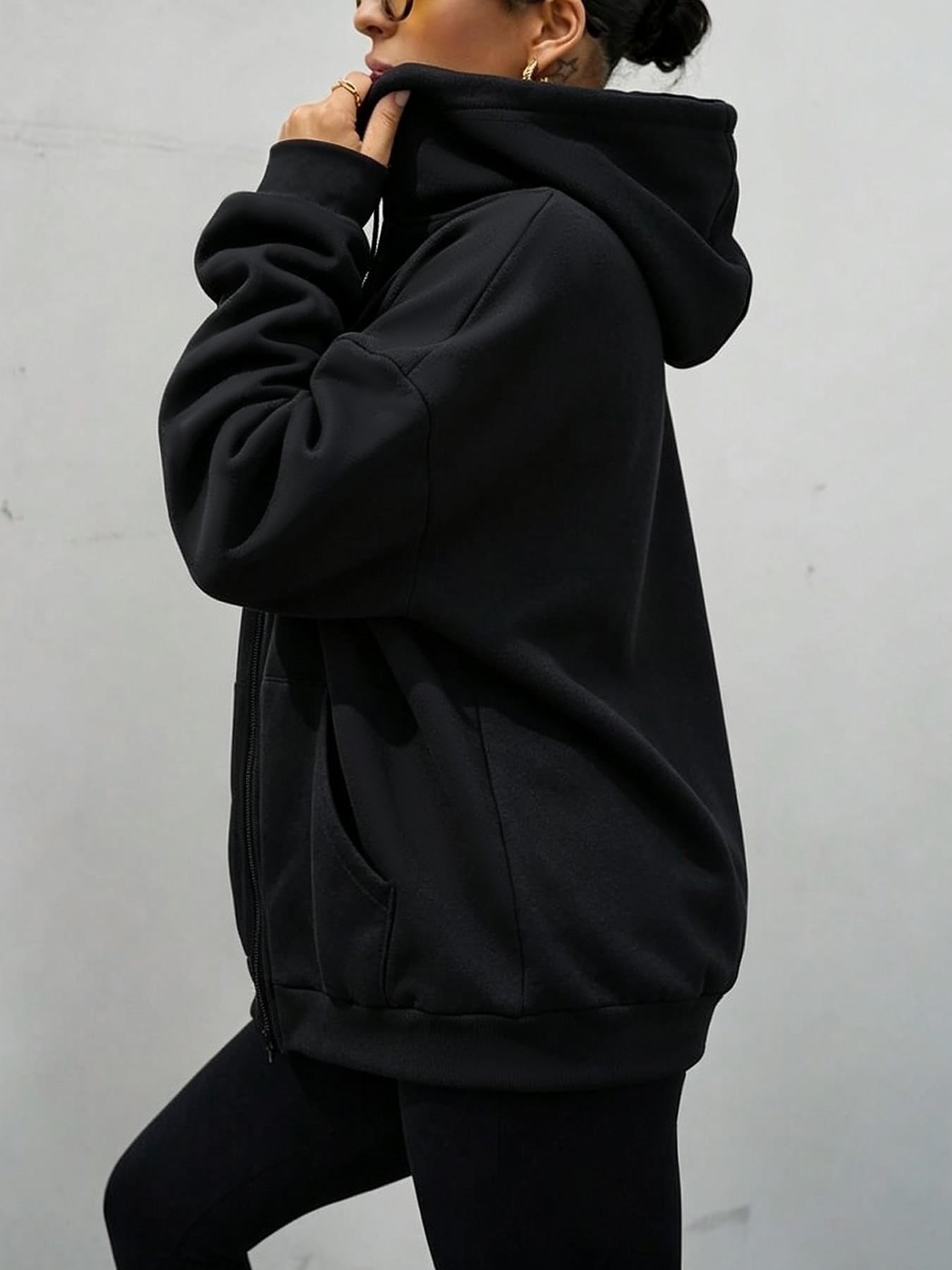Women's Zipper Drawstring Hoodie, Long Sleeve Pocket Detail, Loose-Fit Casual Sweatshirt for Fall & Winter, Outdoor & Daily Wear