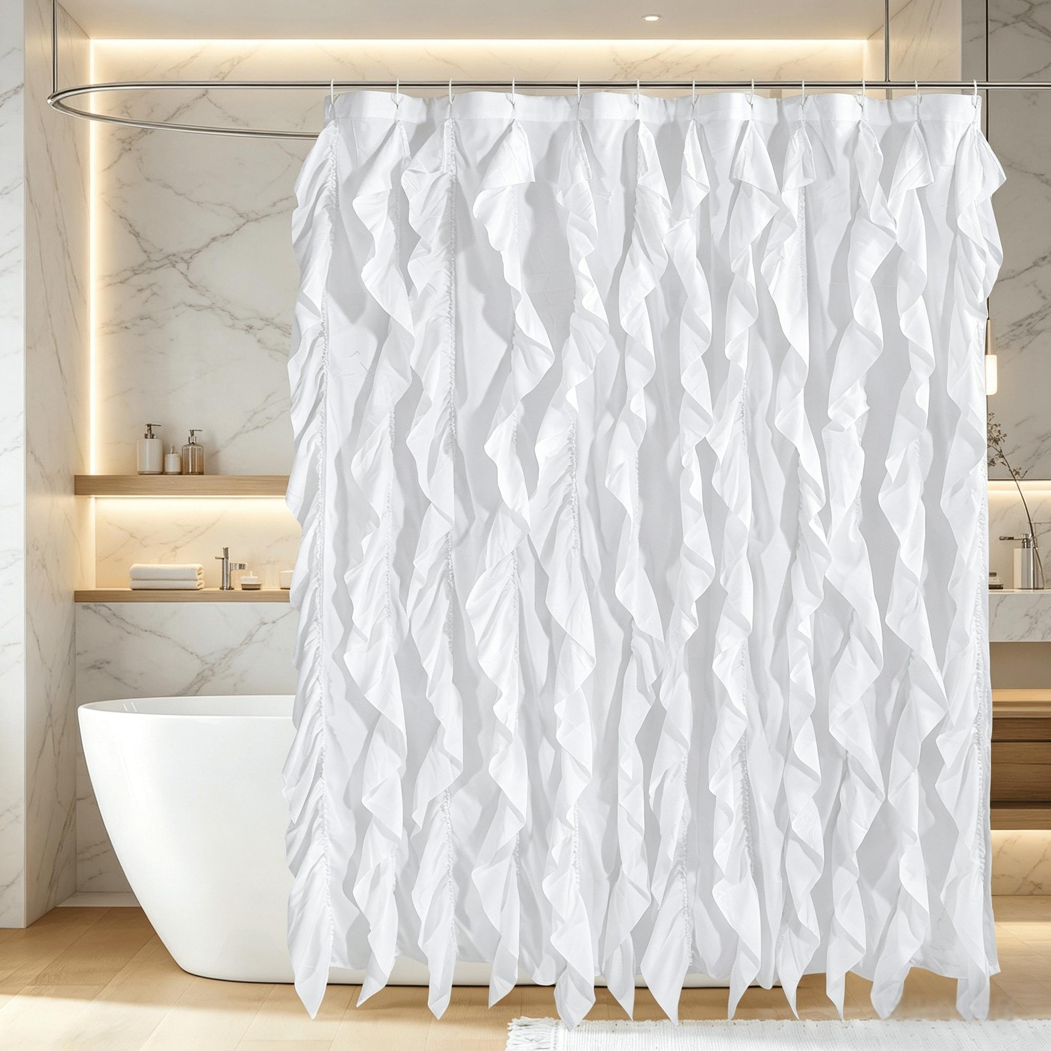 Elegant Ruffled Fringe Bath Curtain, Polyester Fiber, Artistic Ripple Design, Easy Hang Hook, Bathroom Decor, Stylish Shower Curtain