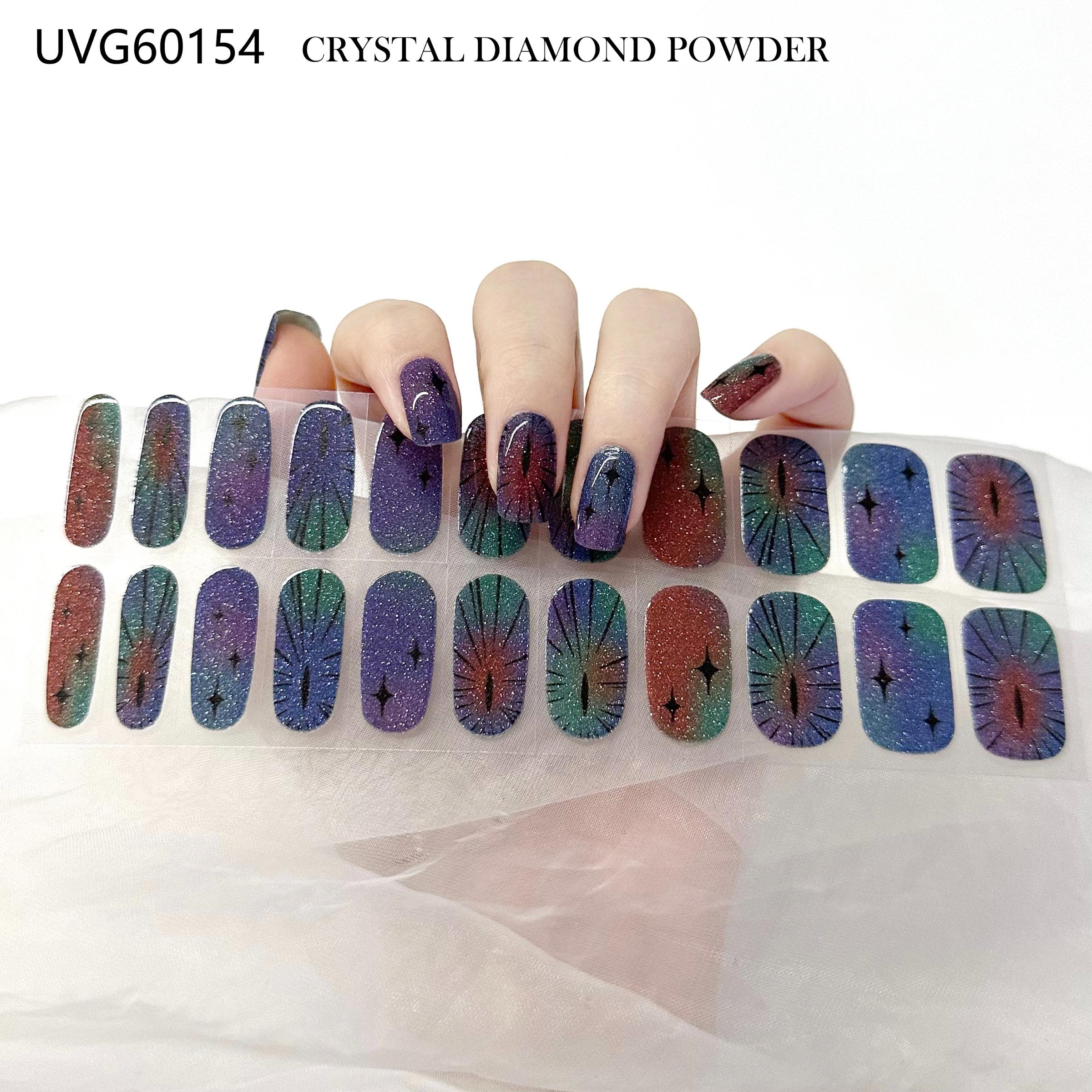 Alien Code Midnight Diamond Dust Nails, Irregular Multi-Color Stains with Abstract Sci-Fi Lines, Half-Cured Gel Nail Strips for DIY Home Use