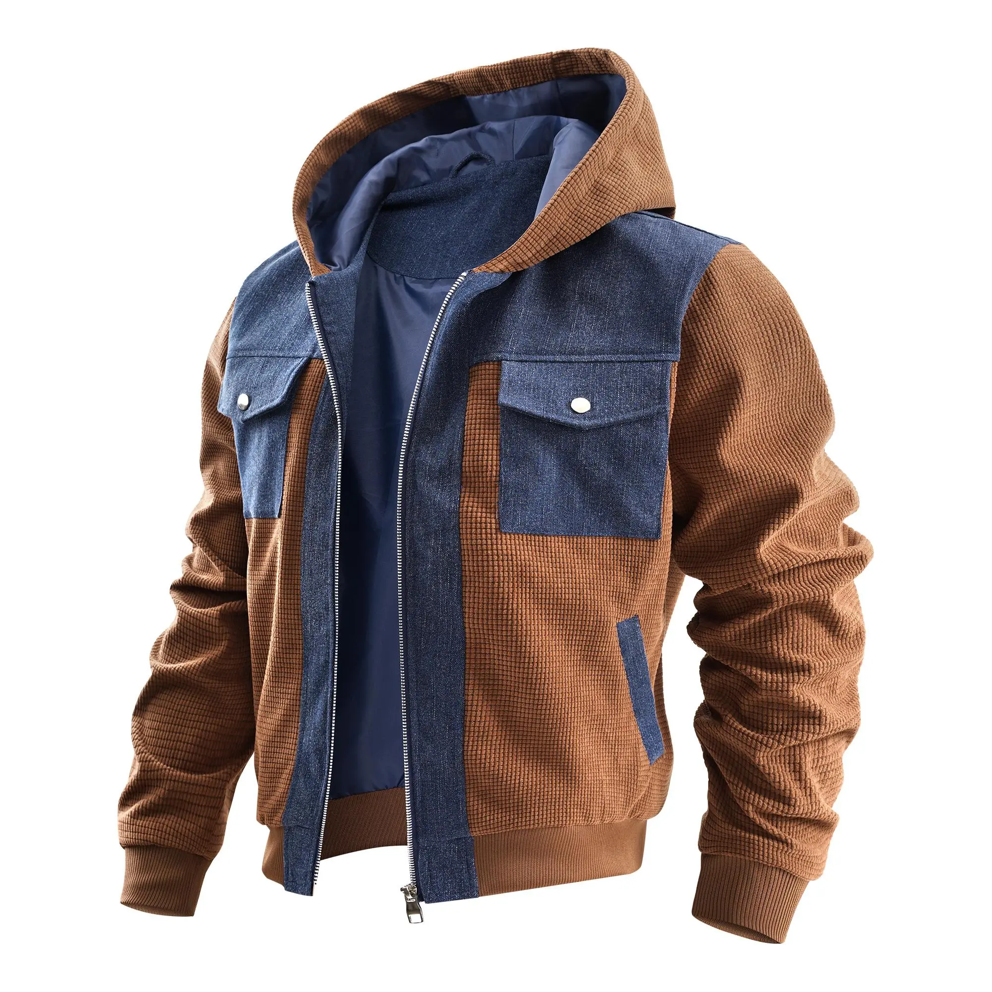 Men's Color Block Denim Patchwork Hooded Bomber Jacket - Menswear Long Sleeve Full Zip Waffle Knit Hoodie with Flap Pockets, Casual Street Outerwear