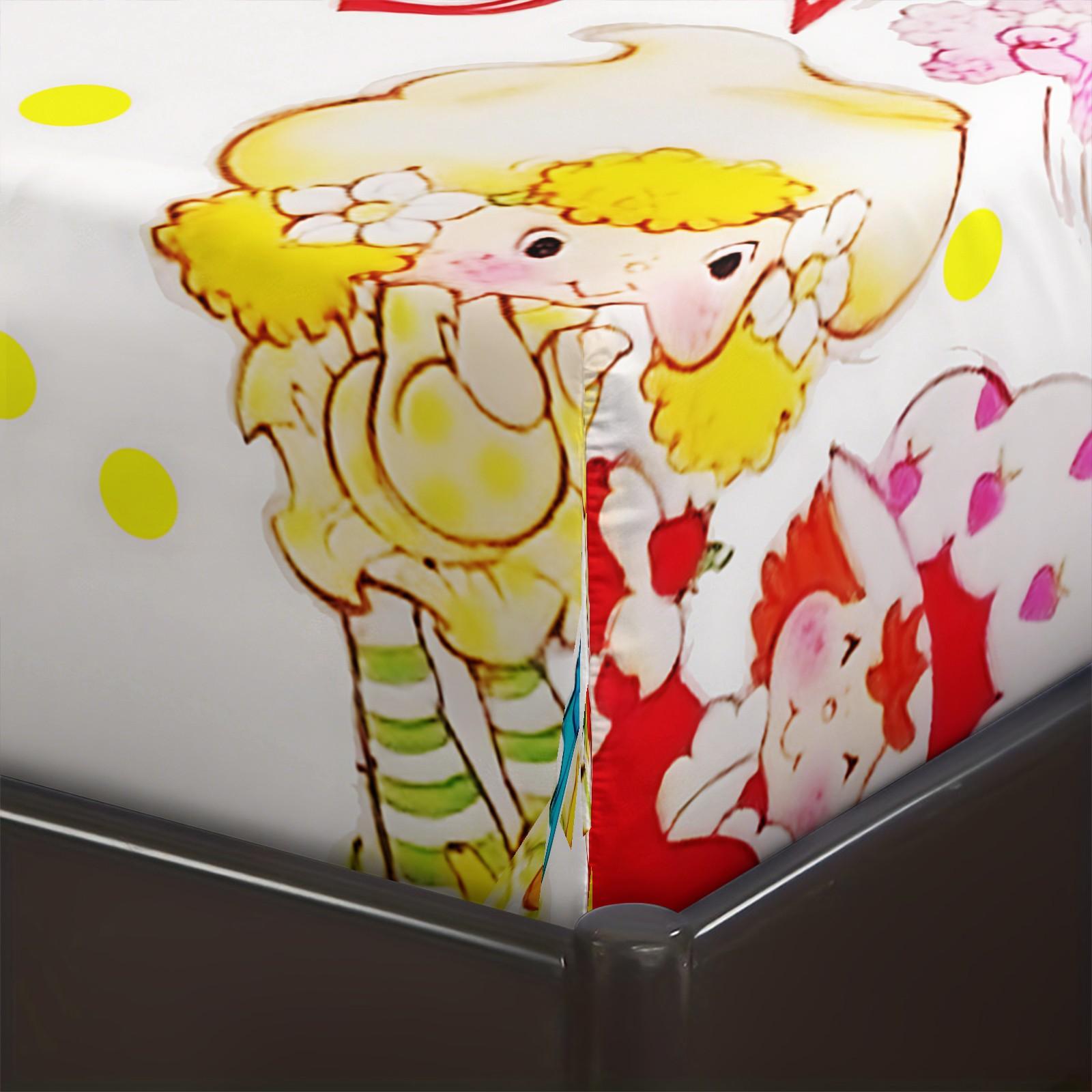 Strawberry Shortcake Sweet Fitted Sheet Set, 1 Fitted Sheet + 2 Pillowcases - 3 Pcs Soft Breathable Bedding with Deep Pocket, 360° All-Round Wrap, Wrinkle Resistant, Cute Cartoon Bed Sheets for Girls Bedroom, Full Size