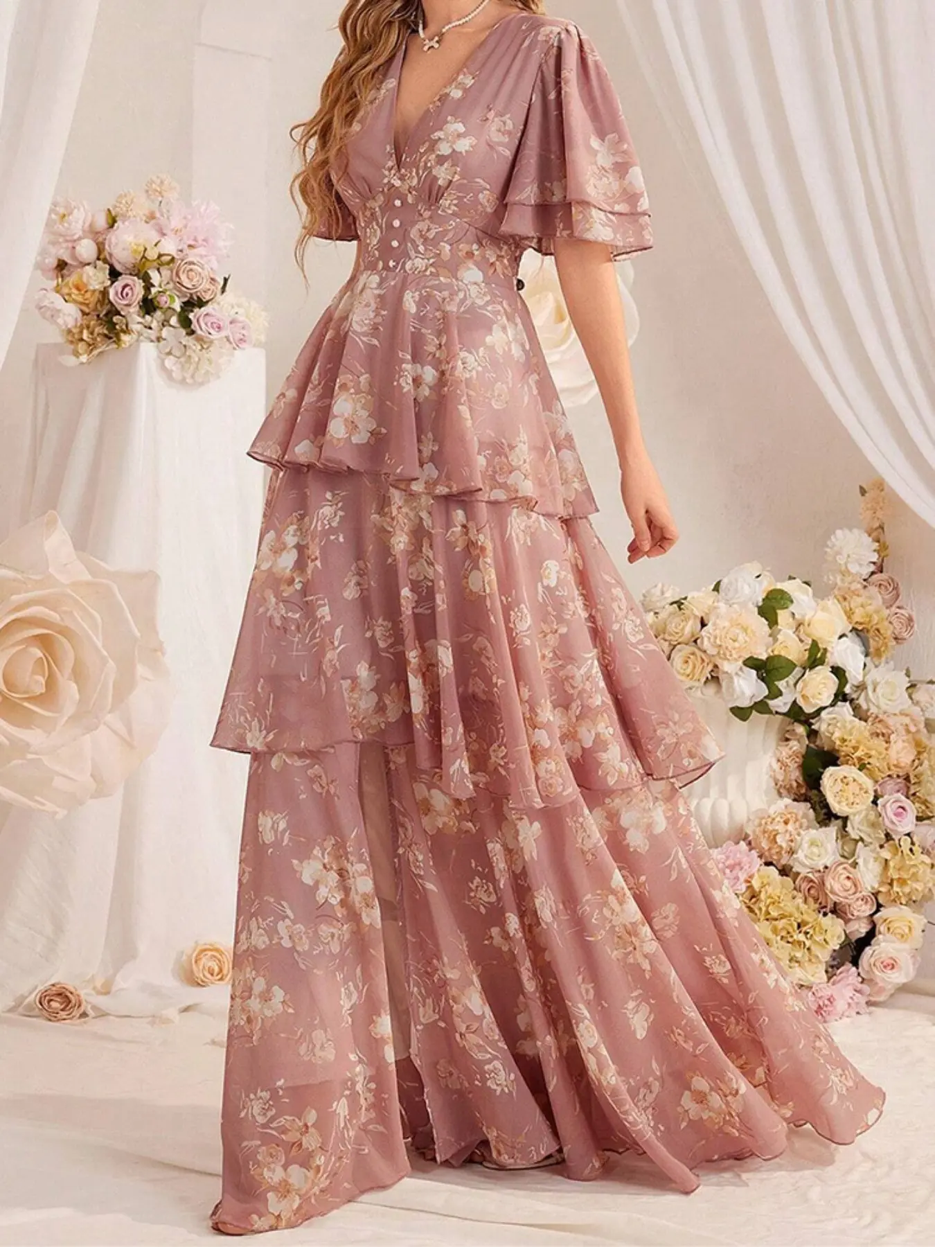 New Arrival Women's V Neck Bubble Sleeve Floral Chiffon Dress, Elegant Waist Cinched Layered Ruffle Short Sleeve Dress for Fall Winter