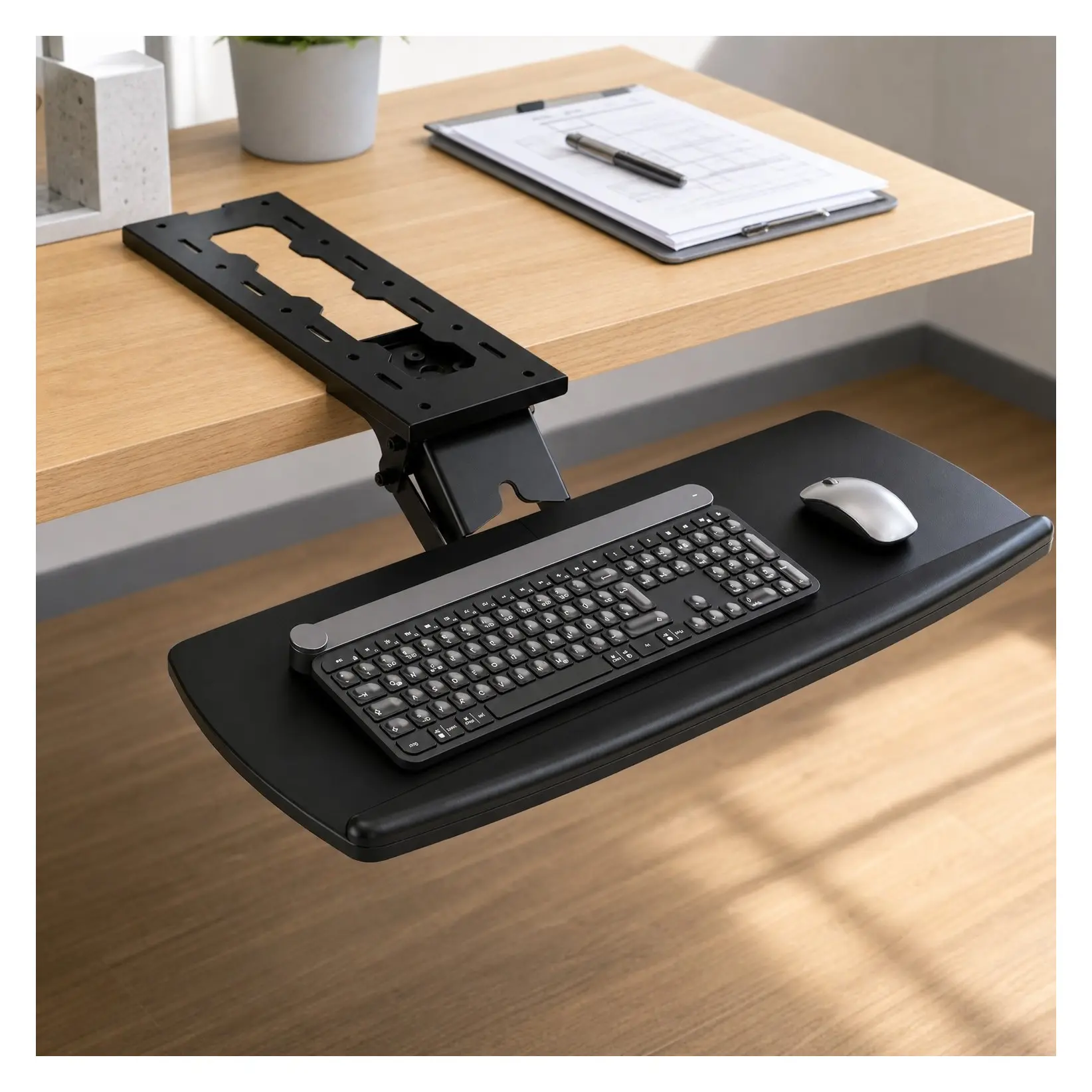 Under Desk Keyboard Tray with Storage Drawer, Height Adjustable Slide Out 360° Swivel Tilt, Ergonomic Keyboard & Mouse Holder for Gaming Home Office, BlackGift
