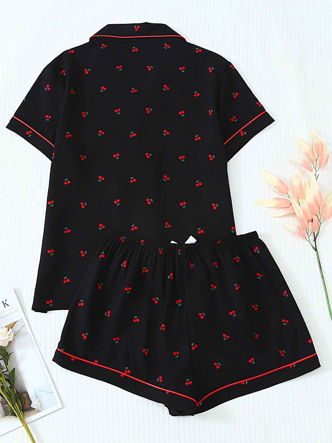 Women's Short Sleeve Button Down Top and Shorts Pajama Set, Spring Summer Wear, For French Lazy Style Girls, Black Base Red Cherry Print, Classic Lapel Collar, Loose Fit, Comfortable For Home & Short Trips