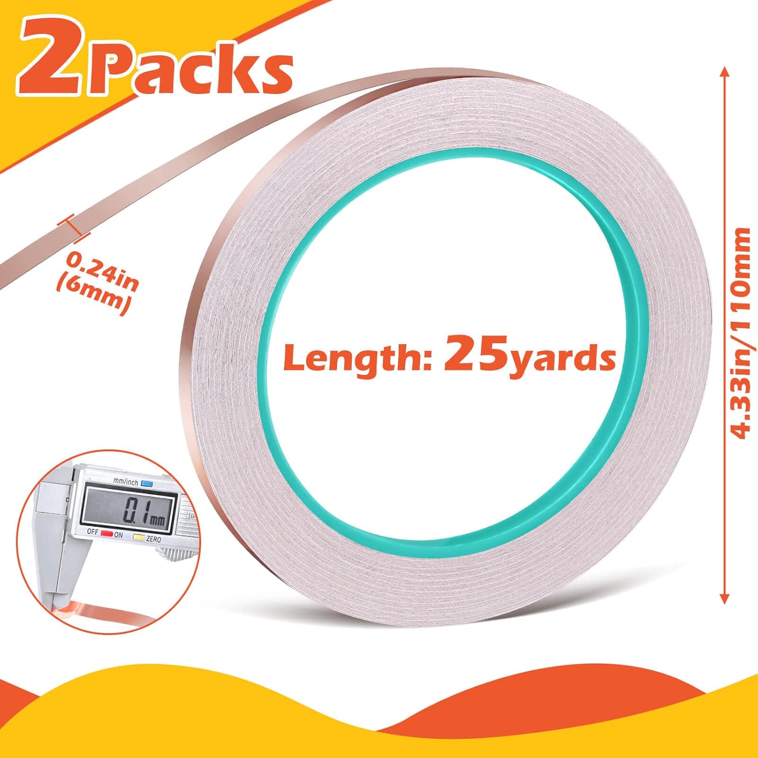 Copper Foil Tape,  2 Packs Copper Adhesive Tape Strip with Double-Sided Conductive for Stained Glass, EMI Shielding, Paper Circuits, DIY  Decor, Soldering, Electrical Repairs